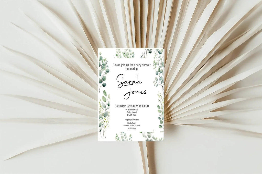 Eucalyptus Baby Shower Party Invitations & Envelopes | Pack of 10 - Larosier Prints