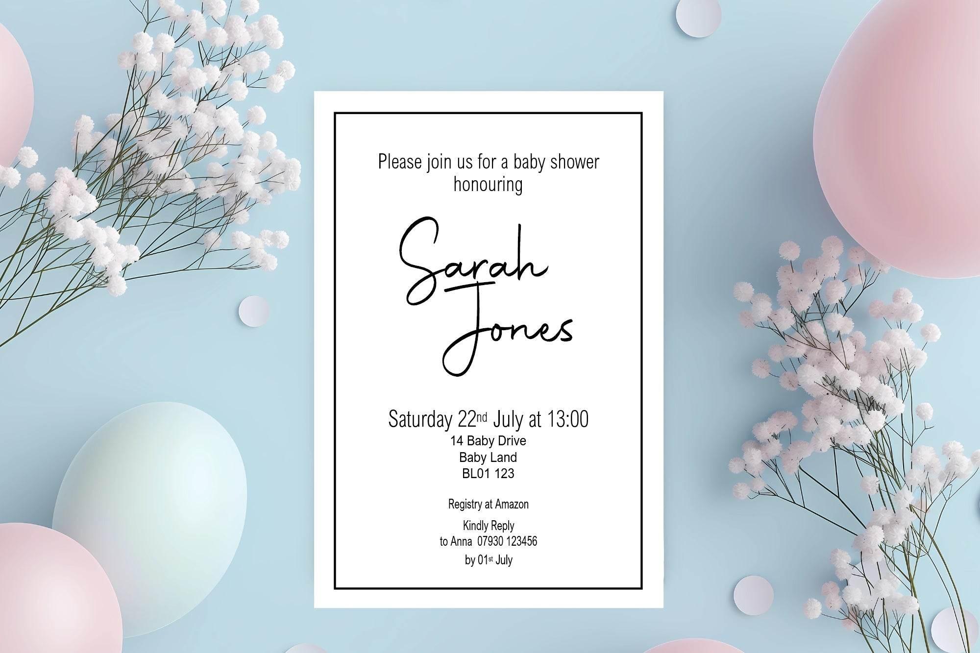 Minimalist Baby Shower Party Invitations & Envelopes | Black & White | Pack of 10 - Larosier Prints