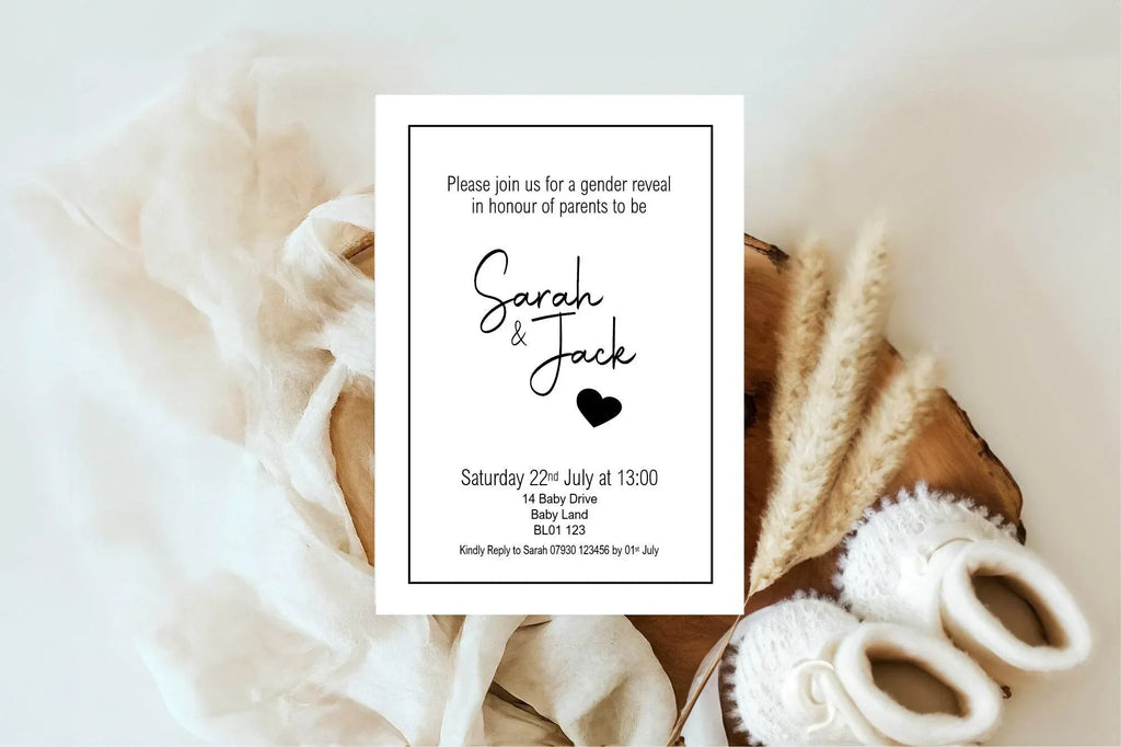Minimalist Gender Reveal Party Invitations & Envelopes | Black & White | Pack of 10 - Larosier Prints