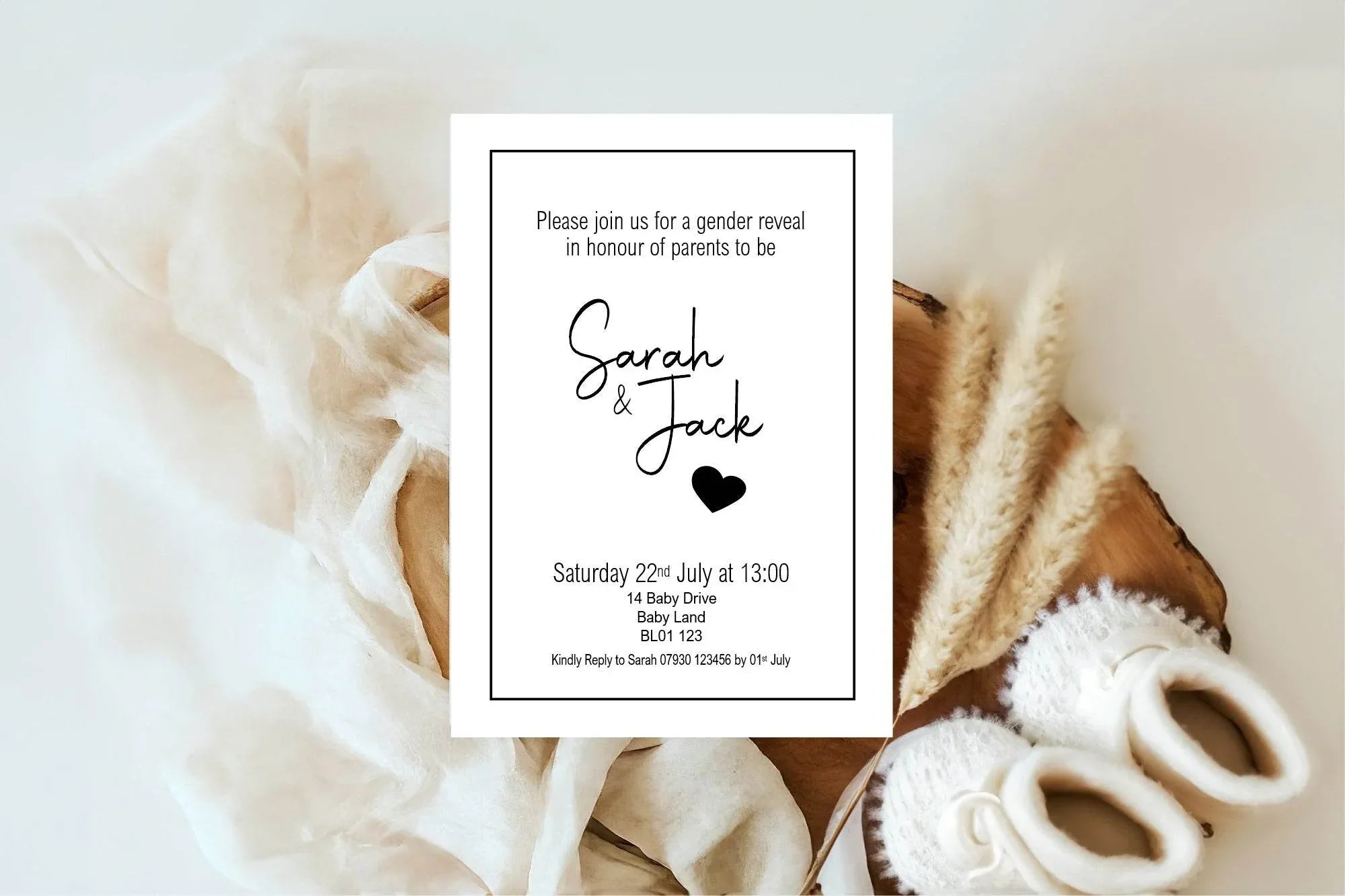 Minimalist Gender Reveal Party Invitations & Envelopes | Black & White | Pack of 10 - Larosier Prints