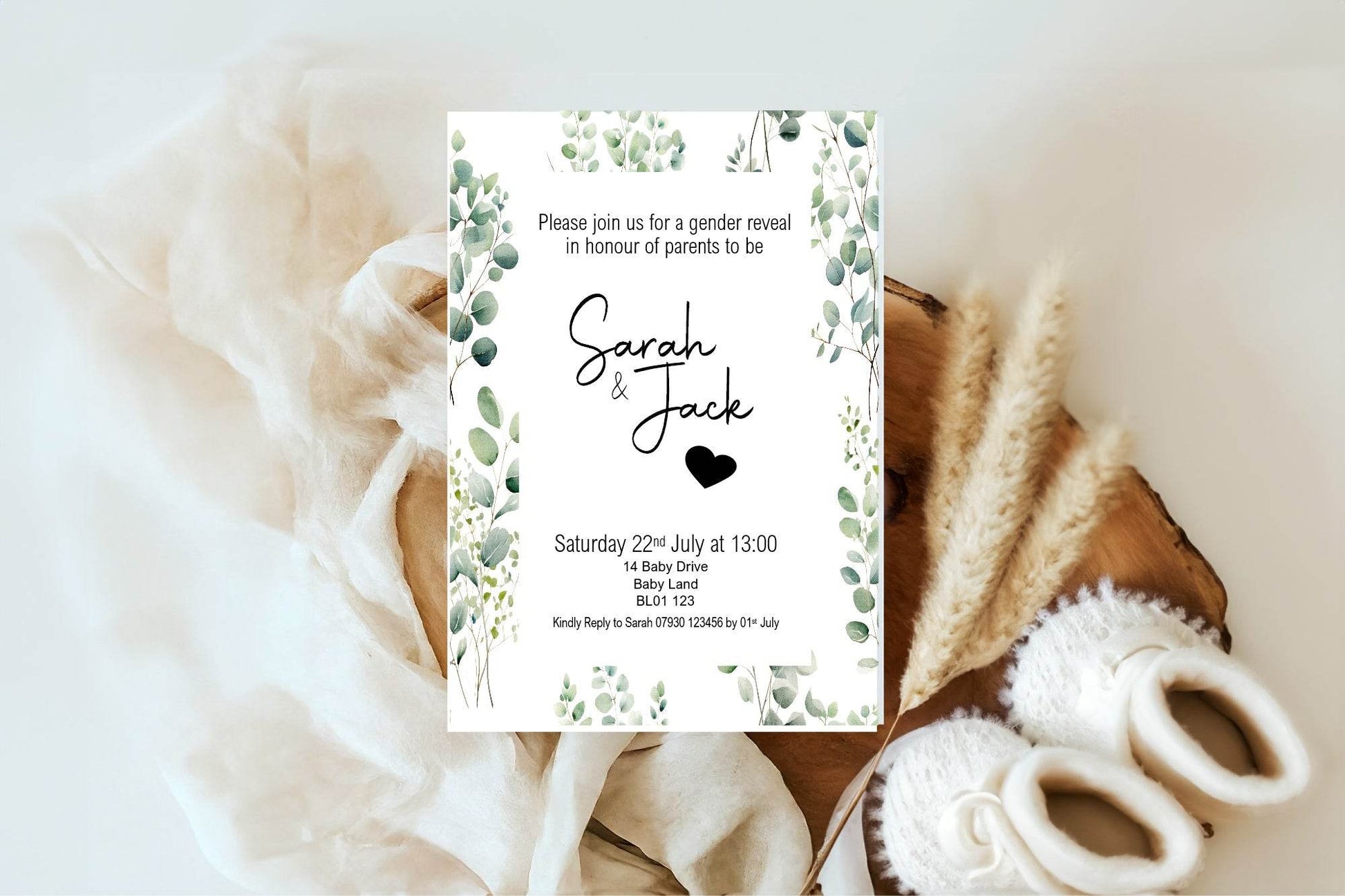 Eucalyptus Gender Reveal Party Invitations & Envelopes | Pack of 10