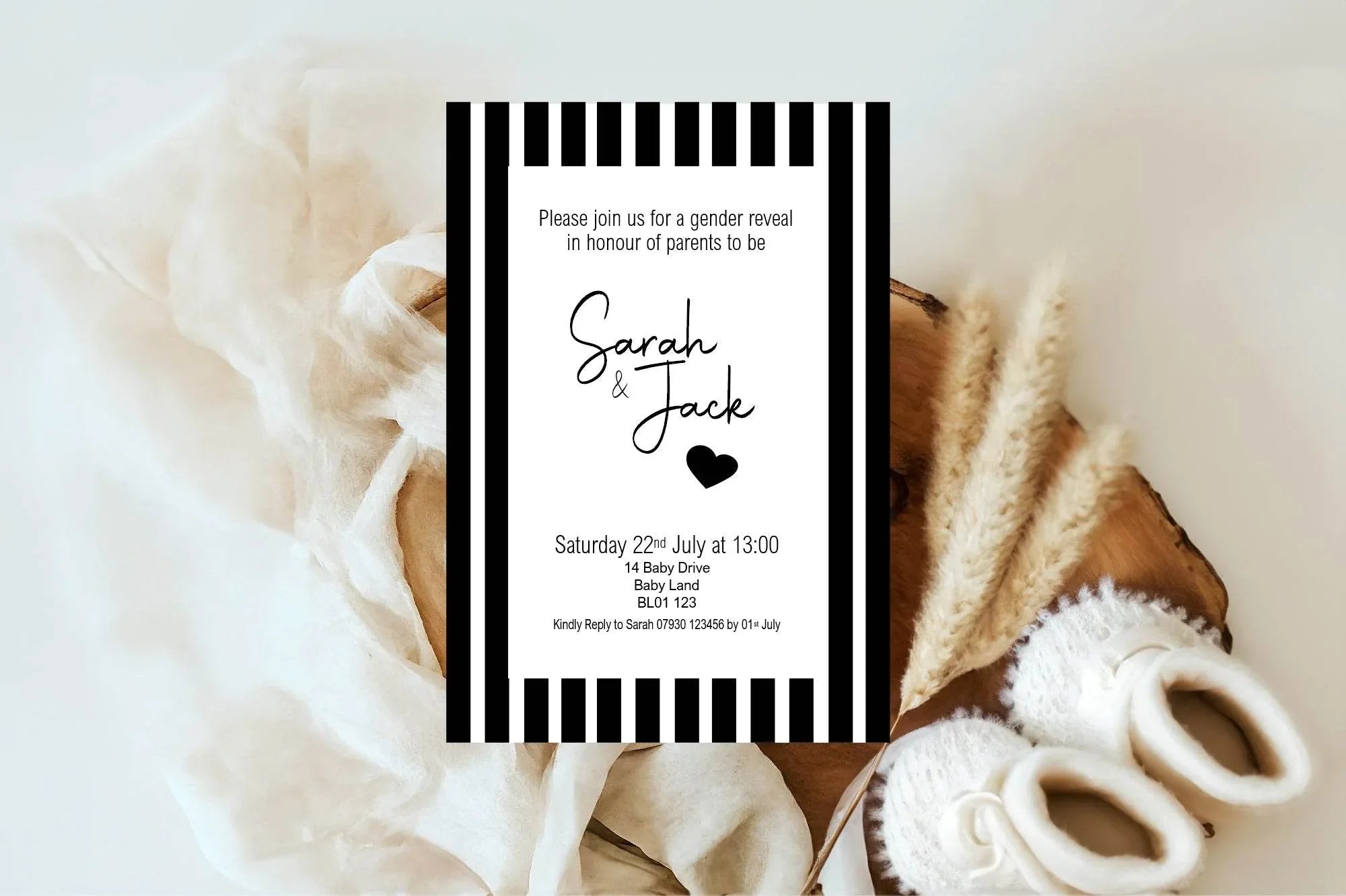 Black And White Stripe Gender Reveal Party Invitations & Envelopes | Pack of 10 - Larosier Prints