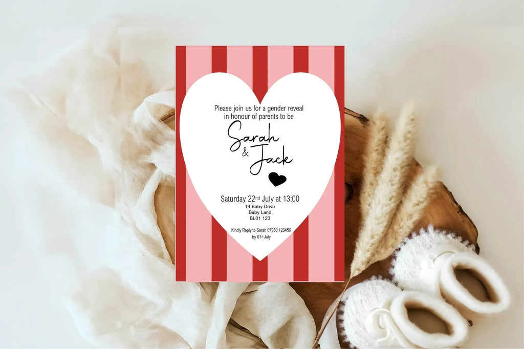 Red & Pink Gender Reveal Party Invitations & Envelopes | Pack of 10 - Larosier Prints