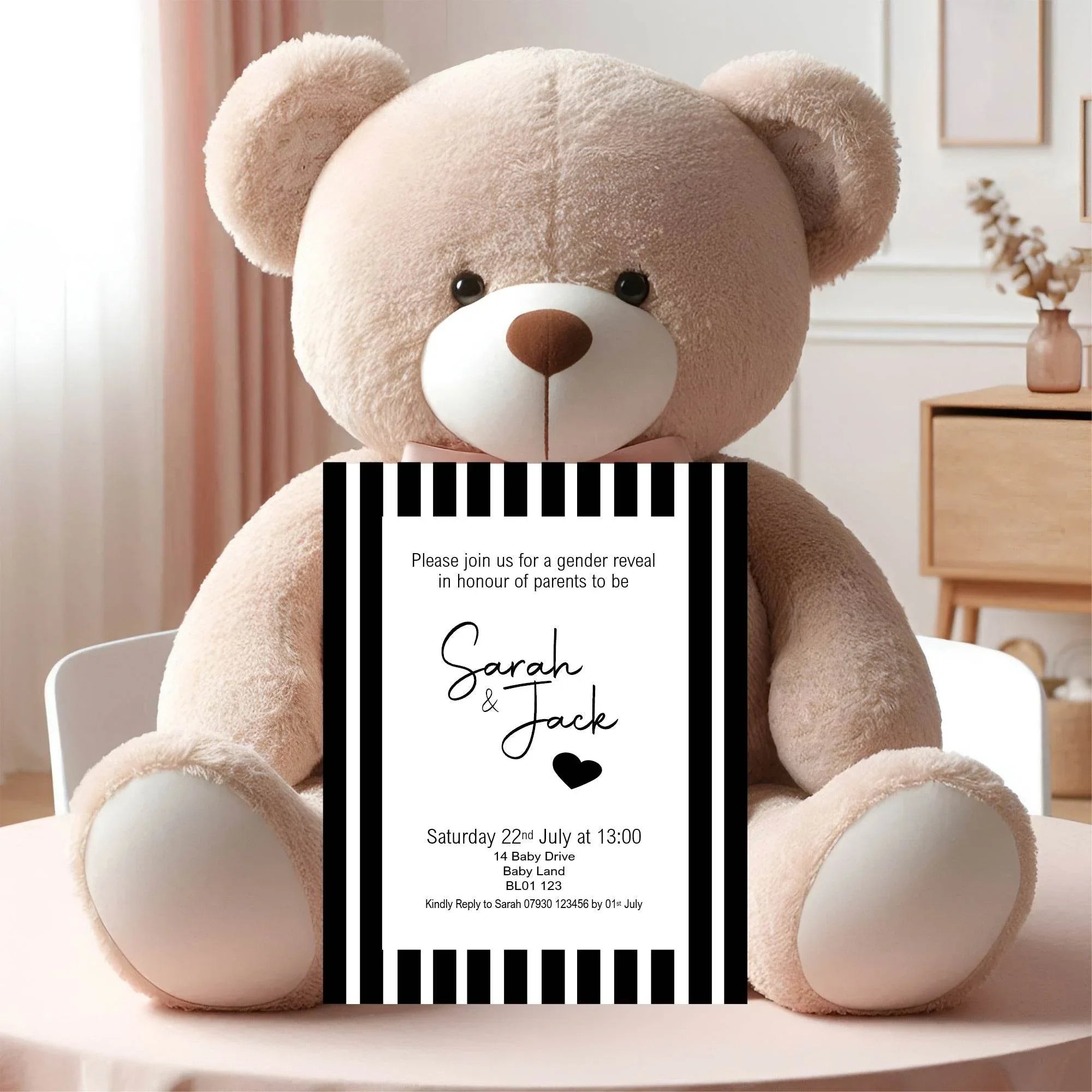 Black And White Stripe Gender Reveal Party Invitations & Envelopes | Pack of 10 - Larosier Prints