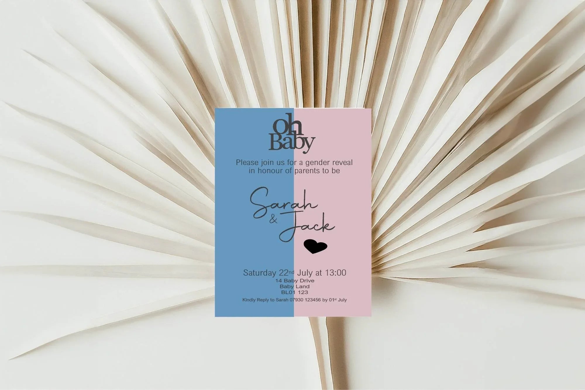 Oh Baby Gender Reveal Invitations & Envelopes | Pack of 10| Blue & Pink - Larosier Prints