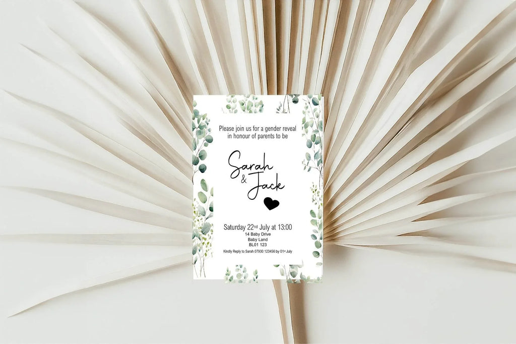 Eucalyptus Gender Reveal Party Invitations & Envelopes | Pack of 10 - Larosier Prints