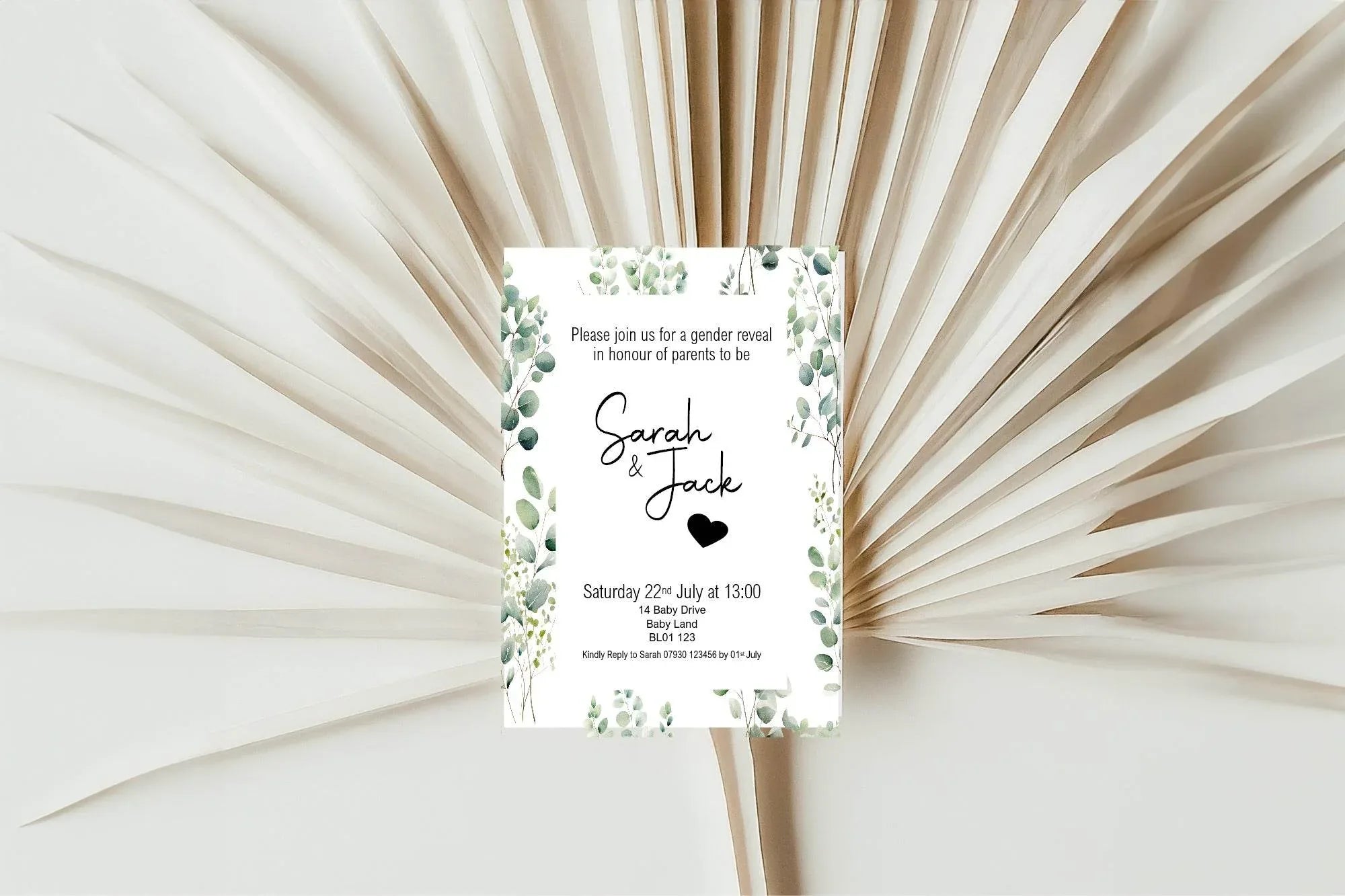 Eucalyptus Gender Reveal Party Invitations & Envelopes | Pack of 10 - Larosier Prints