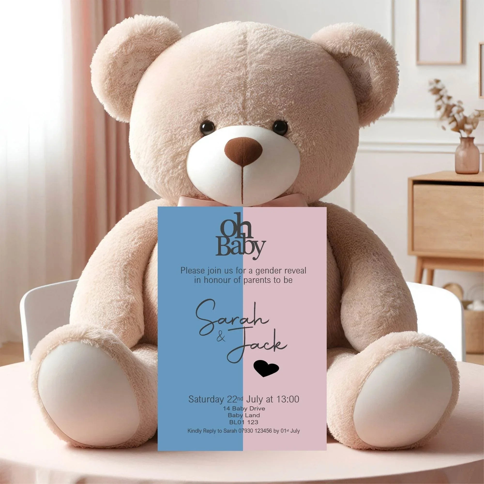 Oh Baby Gender Reveal Invitations & Envelopes | Pack of 10| Blue & Pink - Larosier Prints