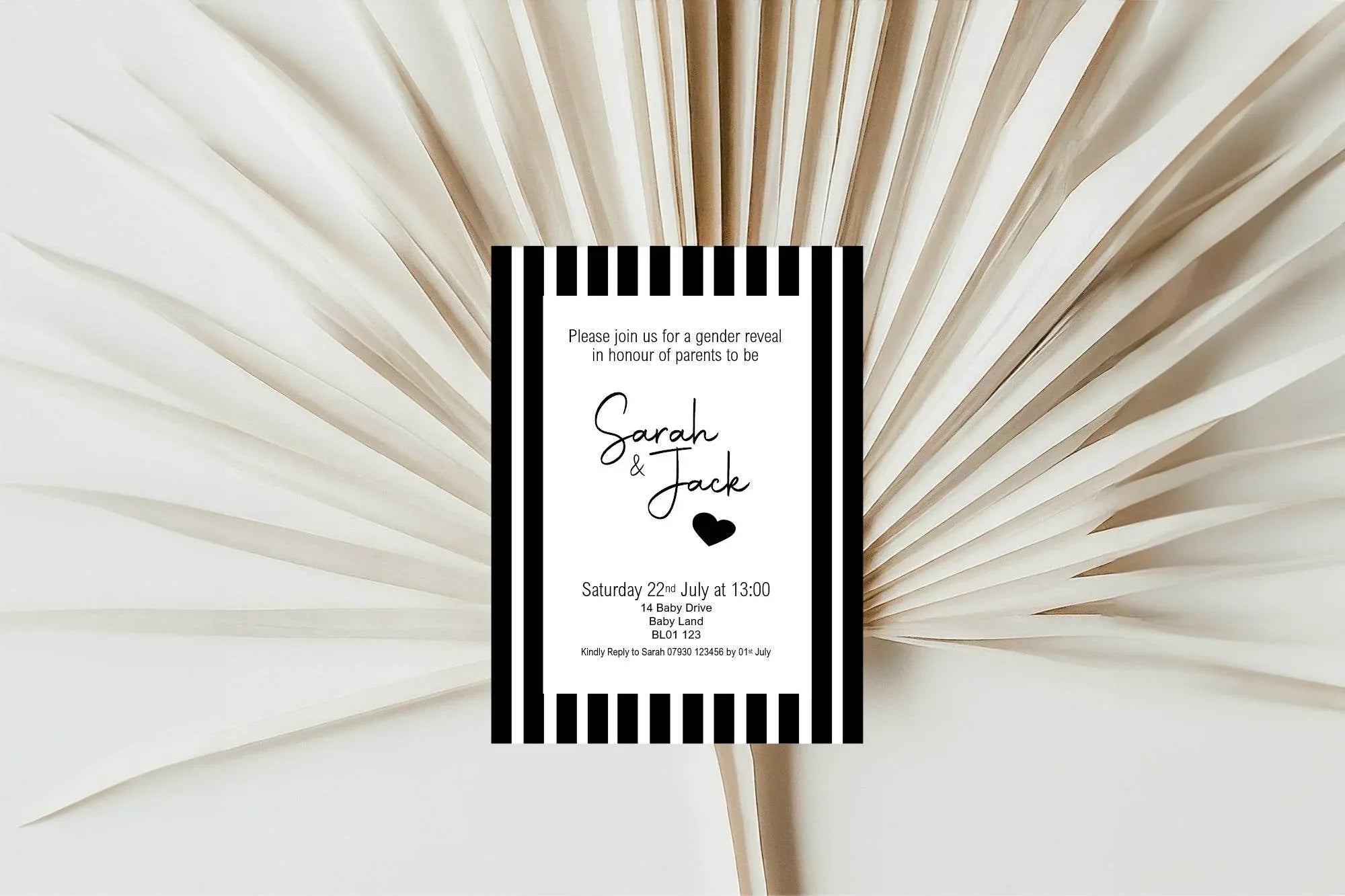 Black And White Stripe Gender Reveal Party Invitations & Envelopes | Pack of 10 - Larosier Prints