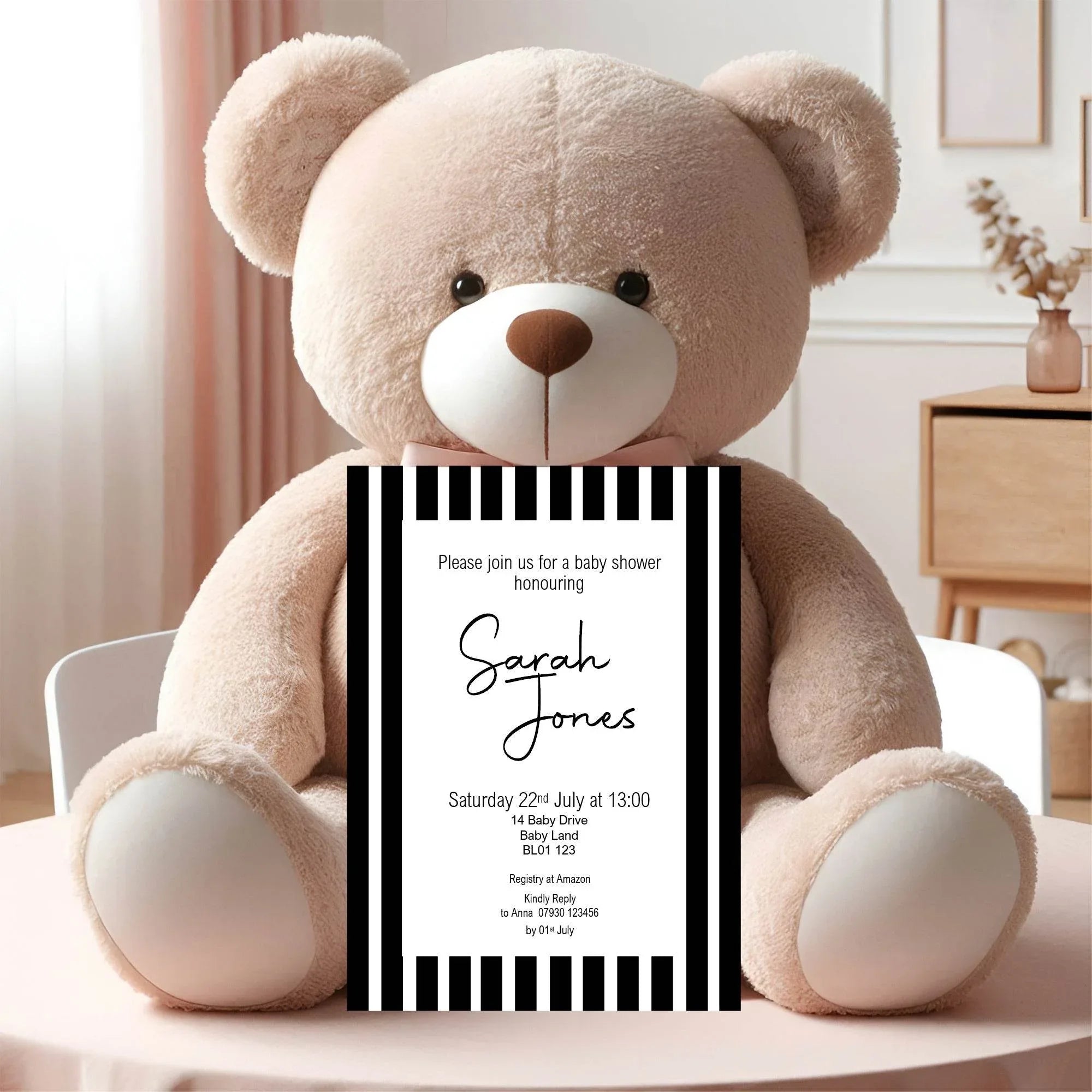 Black And White Stripe Baby Shower Party Invitations & Envelopes | Pack of 10 - Larosier Prints