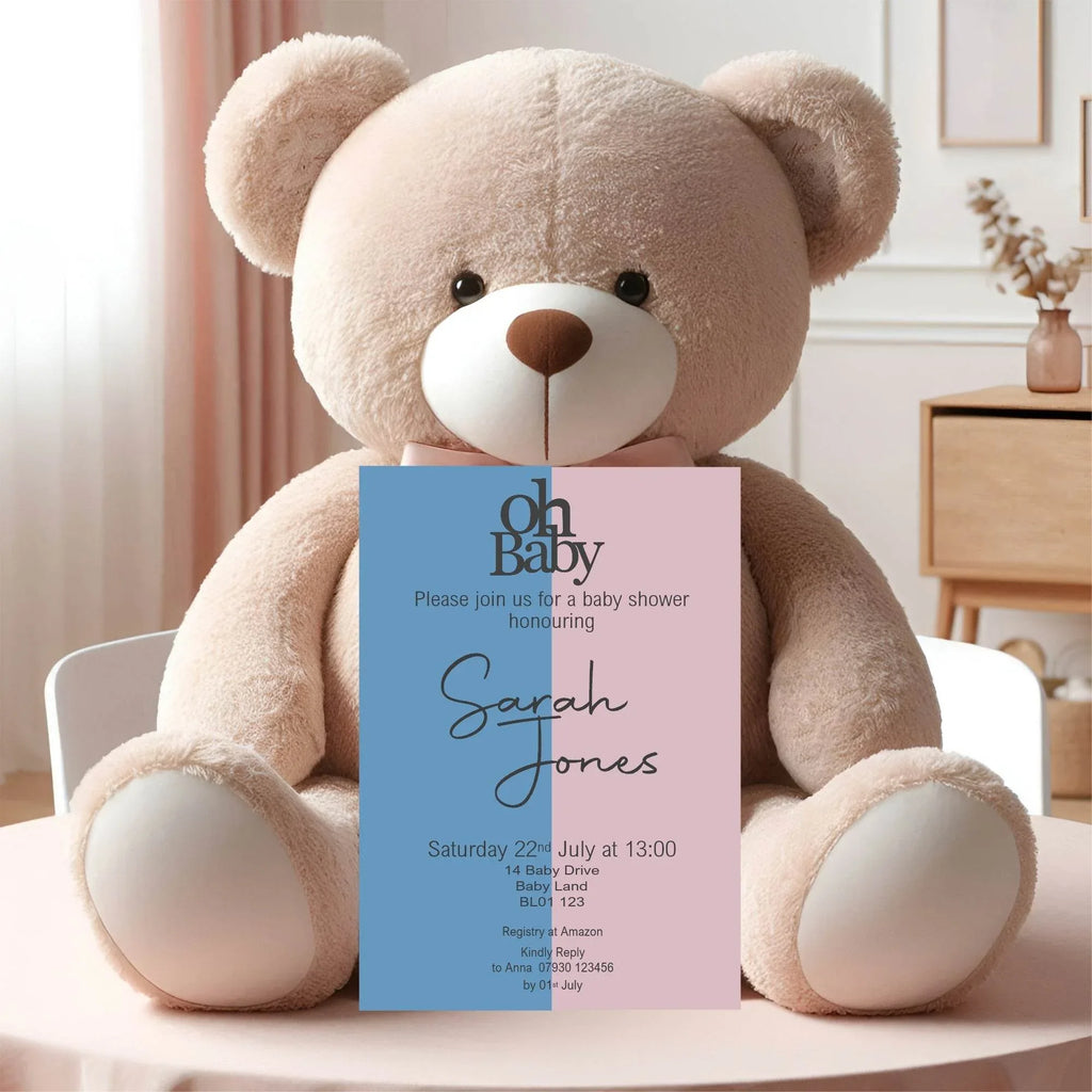 Oh Baby Blue & Pink Baby Shower Party Invitations & Envelopes | Pack of 10 - Larosier Prints