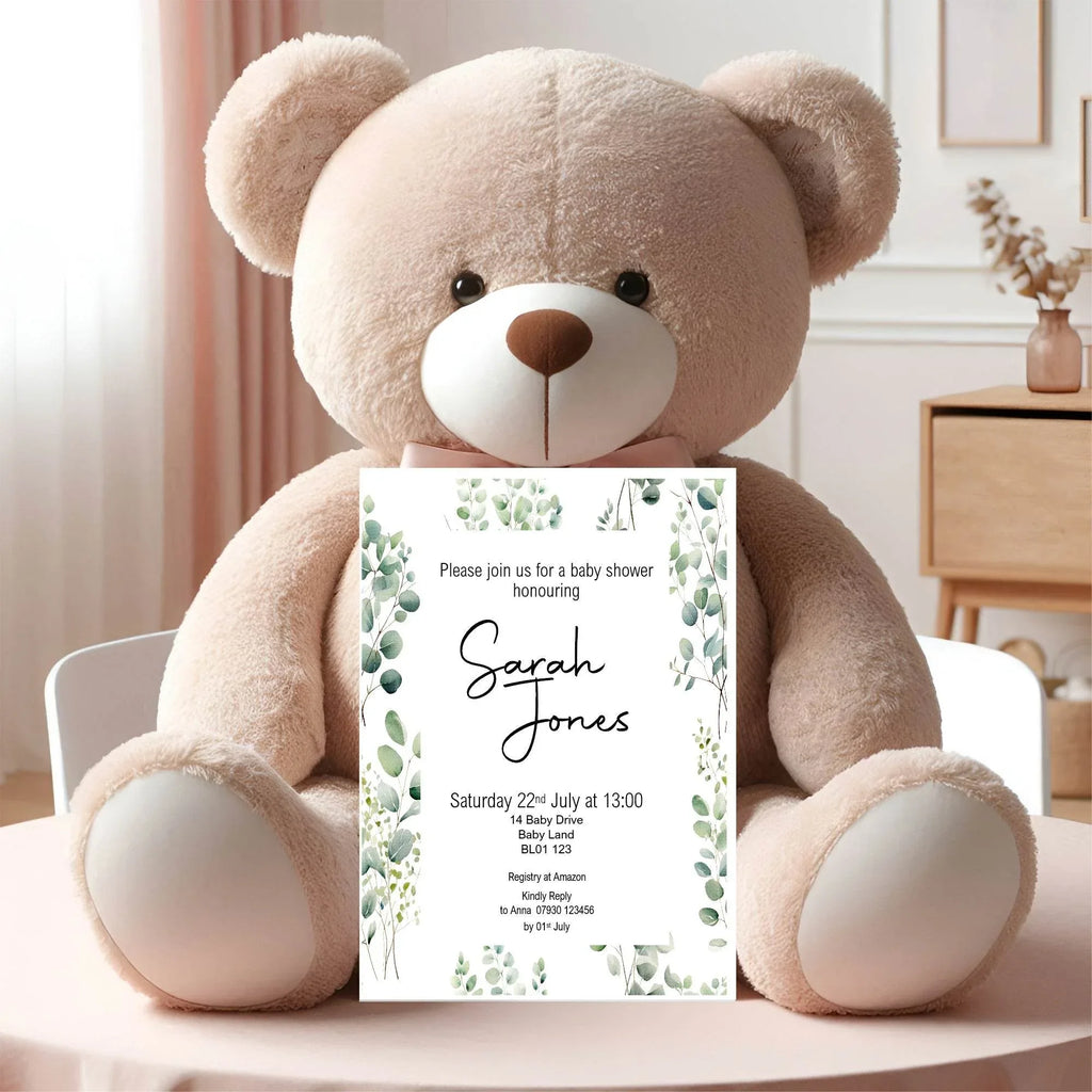 Eucalyptus Baby Shower Party Invitations & Envelopes | Pack of 10 - Larosier Prints
