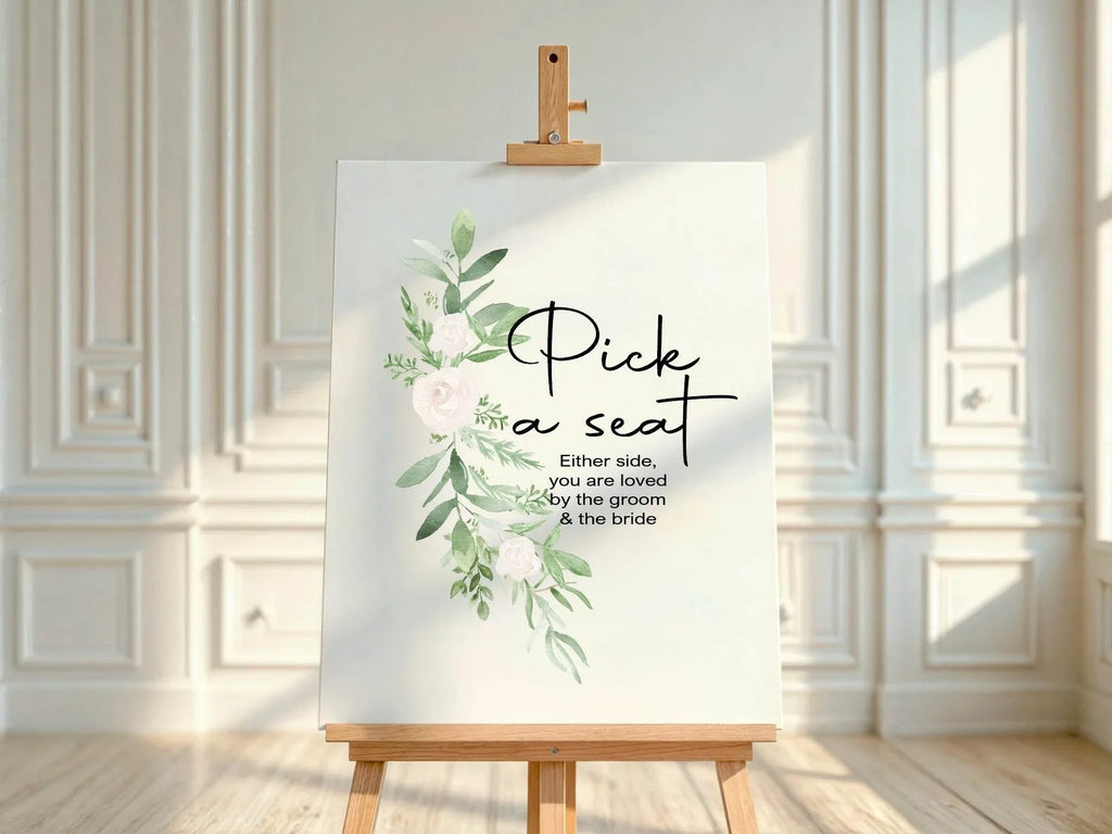 Green & White Rose Pick A Seat Wedding Party Sign - Larosier Prints