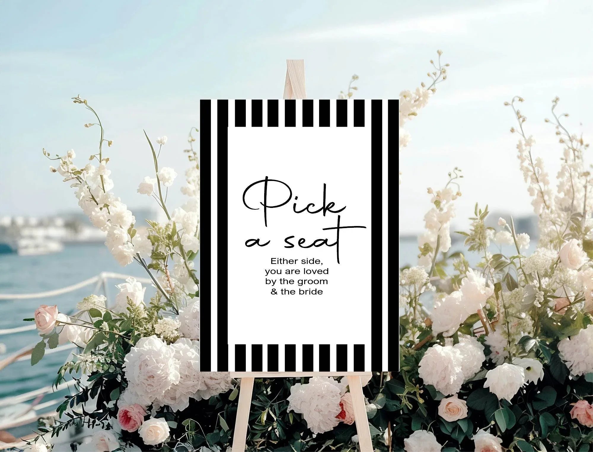 Black & White Stripe Pick A Seat Wedding Party Sign - Larosier Prints