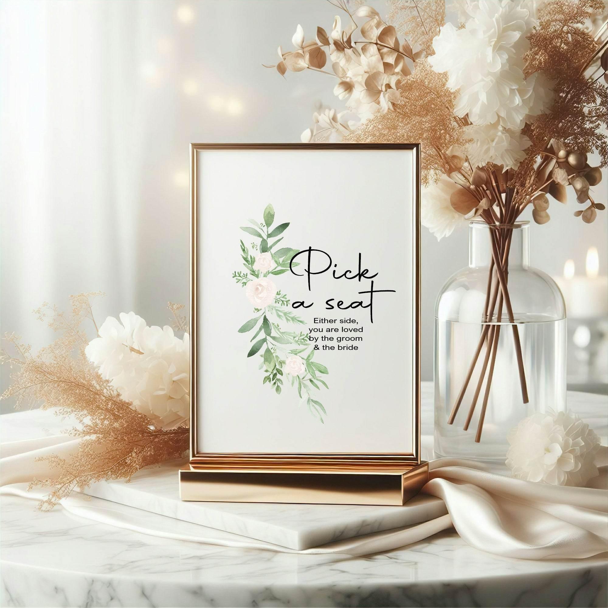 Green & White Rose Pick A Seat Wedding Party Sign - Larosier Prints