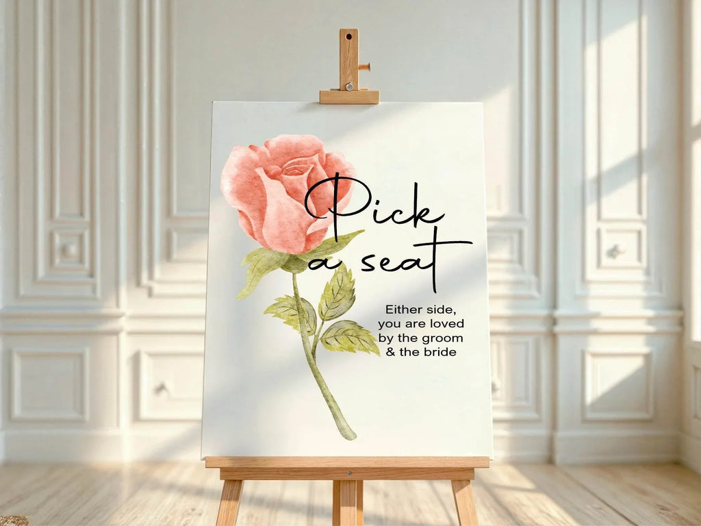 Pink Rose Pick A Seat Wedding Party Sign - Larosier Prints