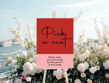 Red & Pink Pick A Seat Wedding Party Sign