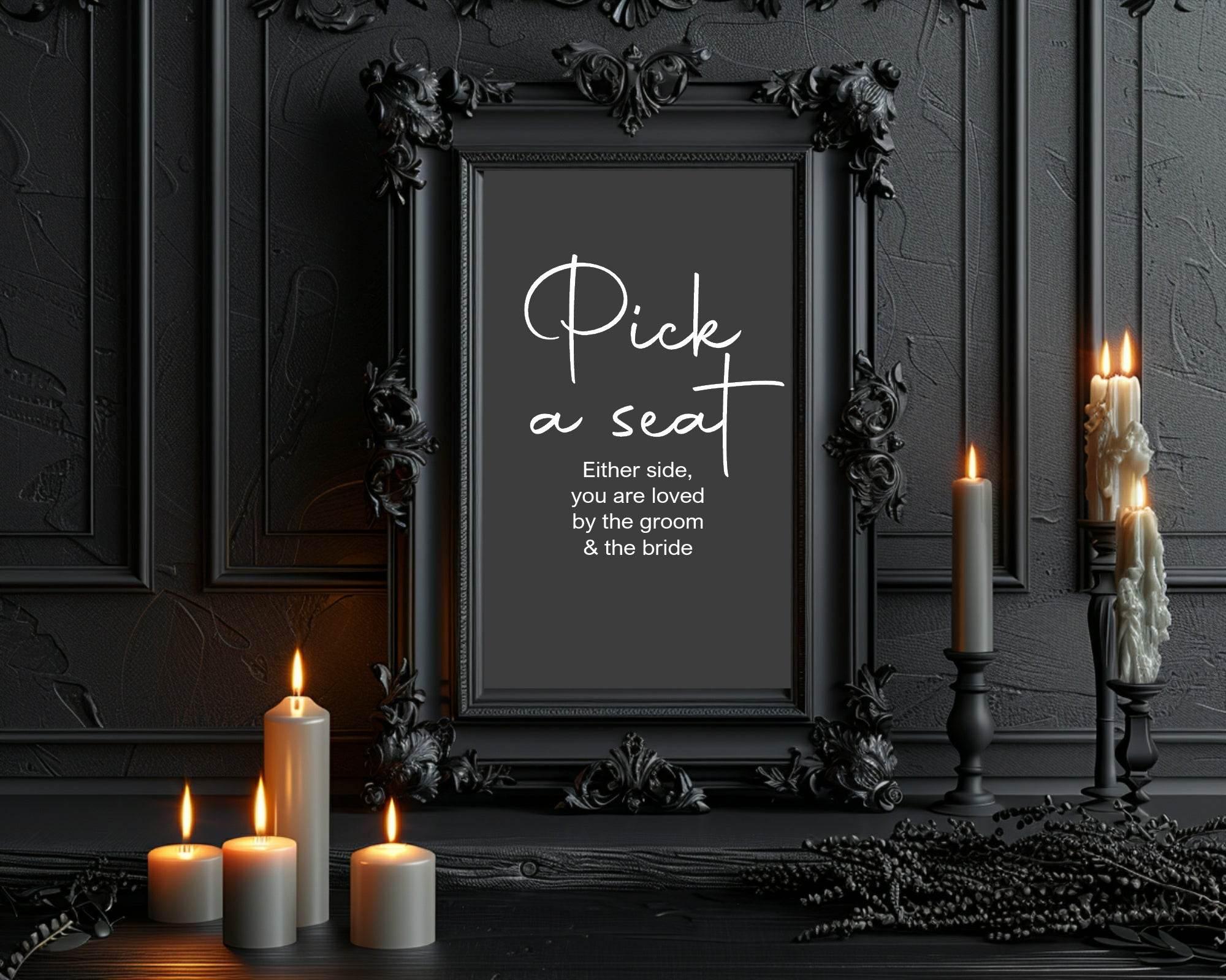 Minimalist Noir Pick A Seat Wedding Party Sign - Larosier Prints