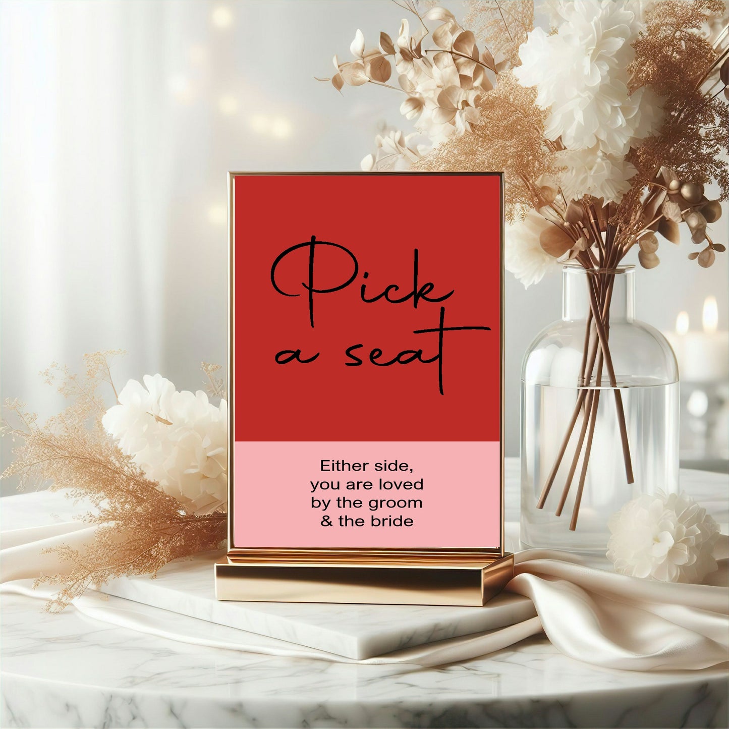 Red & Pink Pick A Seat Wedding Party Sign