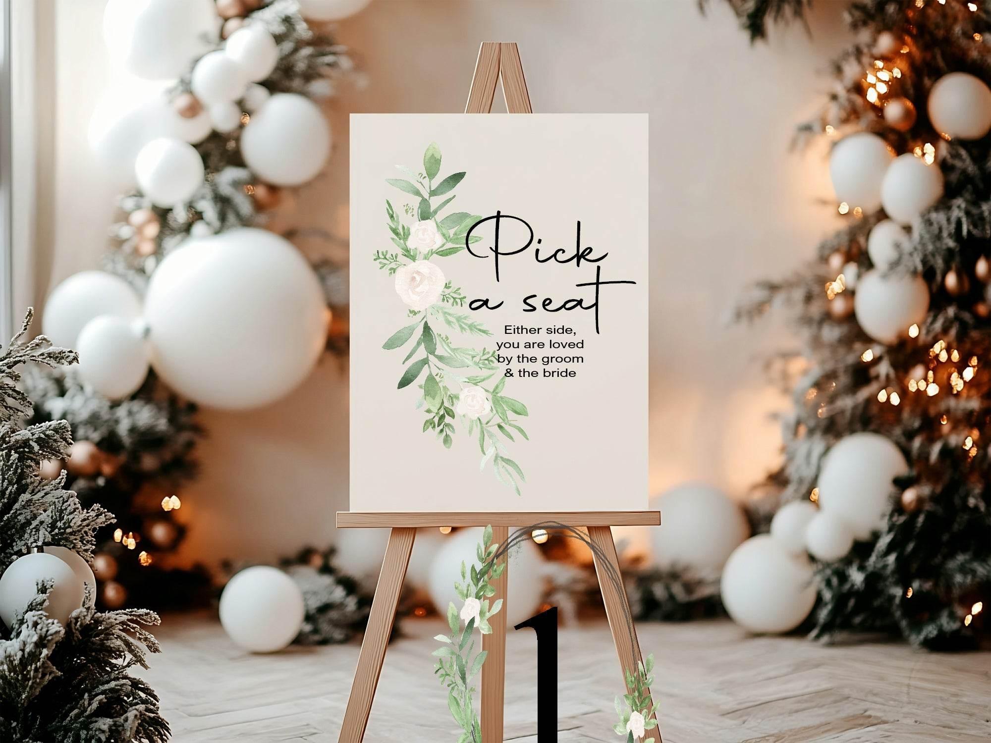 Green & White Rose Pick A Seat Wedding Party Sign - Larosier Prints