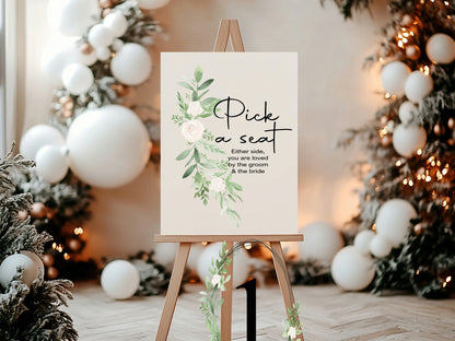 Green & White Rose Pick A Seat Wedding Sign