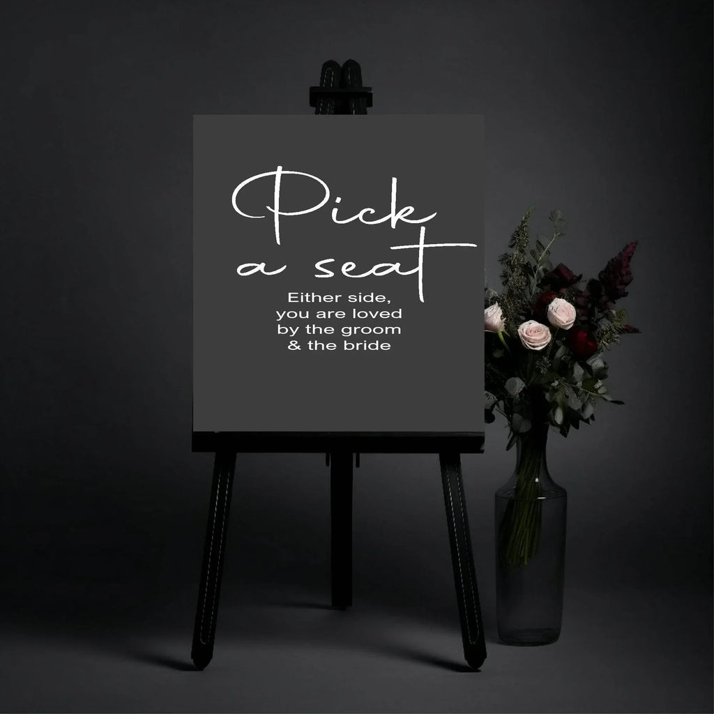 Minimalist Noir Pick A Seat Wedding Party Sign - Larosier Prints