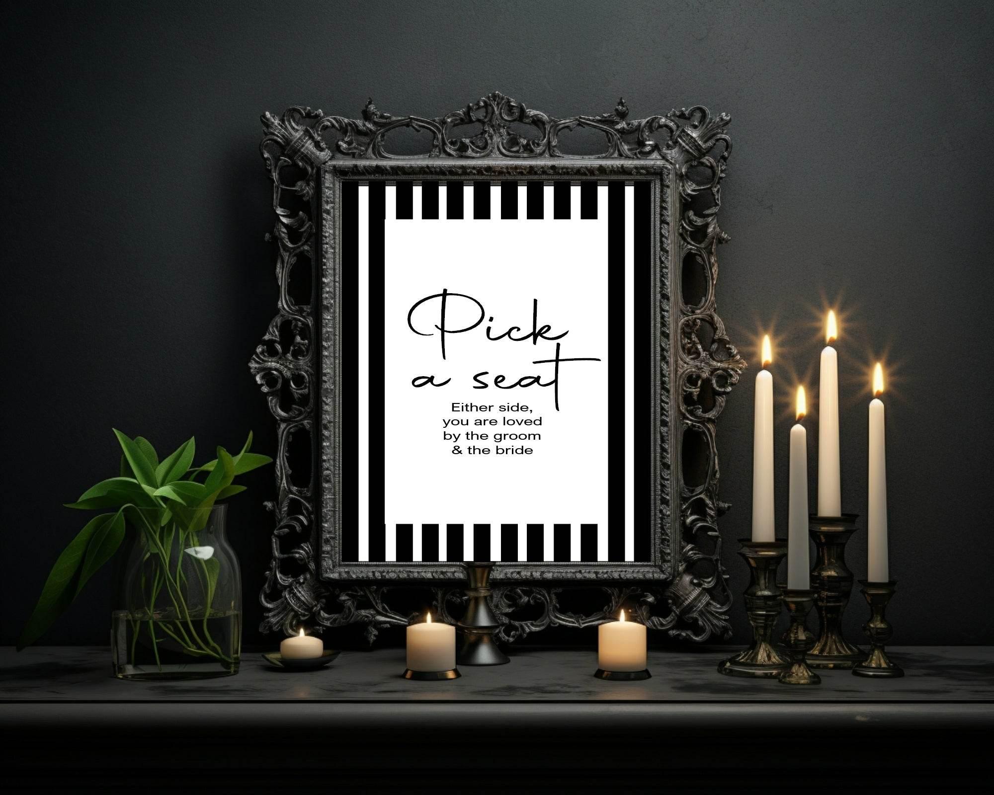 Black & White Stripe Pick A Seat Wedding Party Sign - Larosier Prints