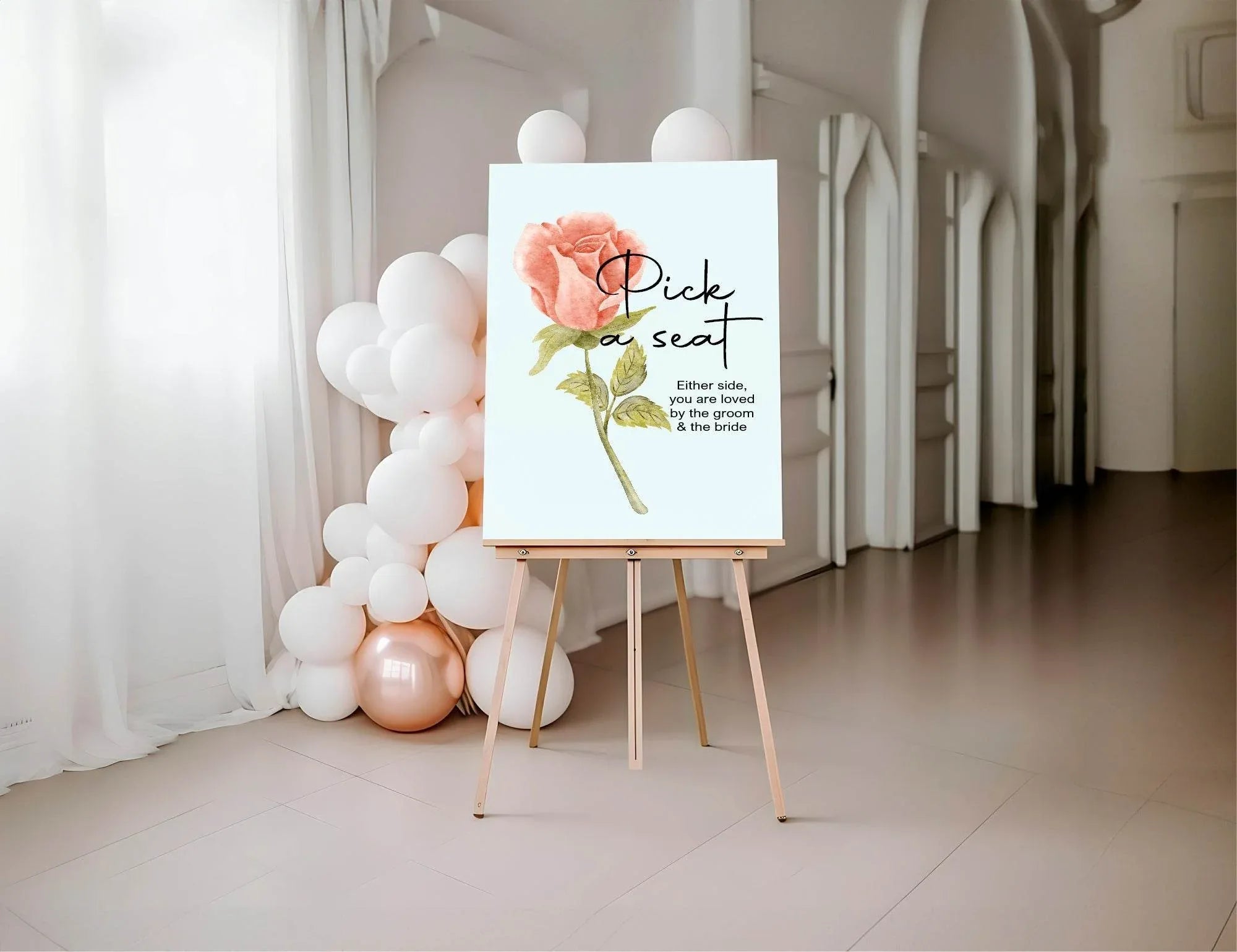 Pink Rose Pick A Seat Wedding Party Sign - Larosier Prints