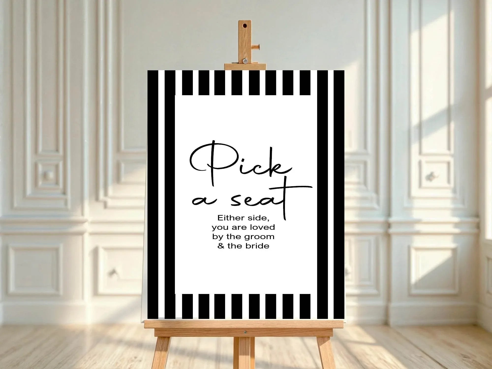Black & White Stripe Pick A Seat Wedding Party Sign - Larosier Prints