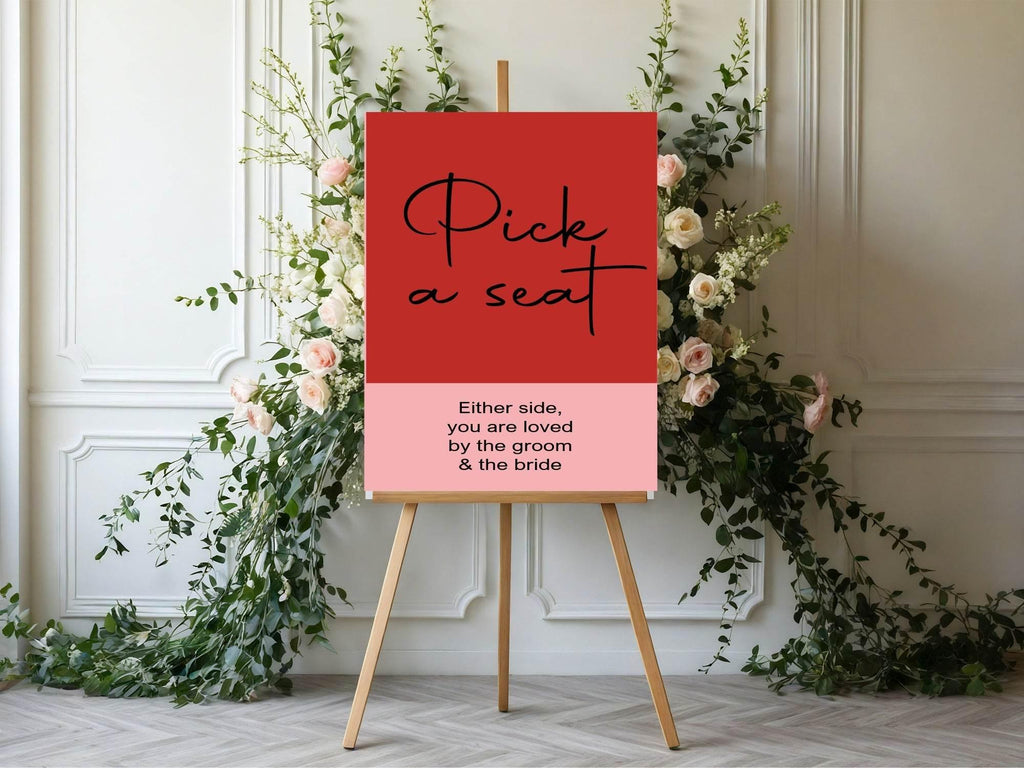 Red & Pink Pick A Seat Wedding Party Sign - Larosier Prints