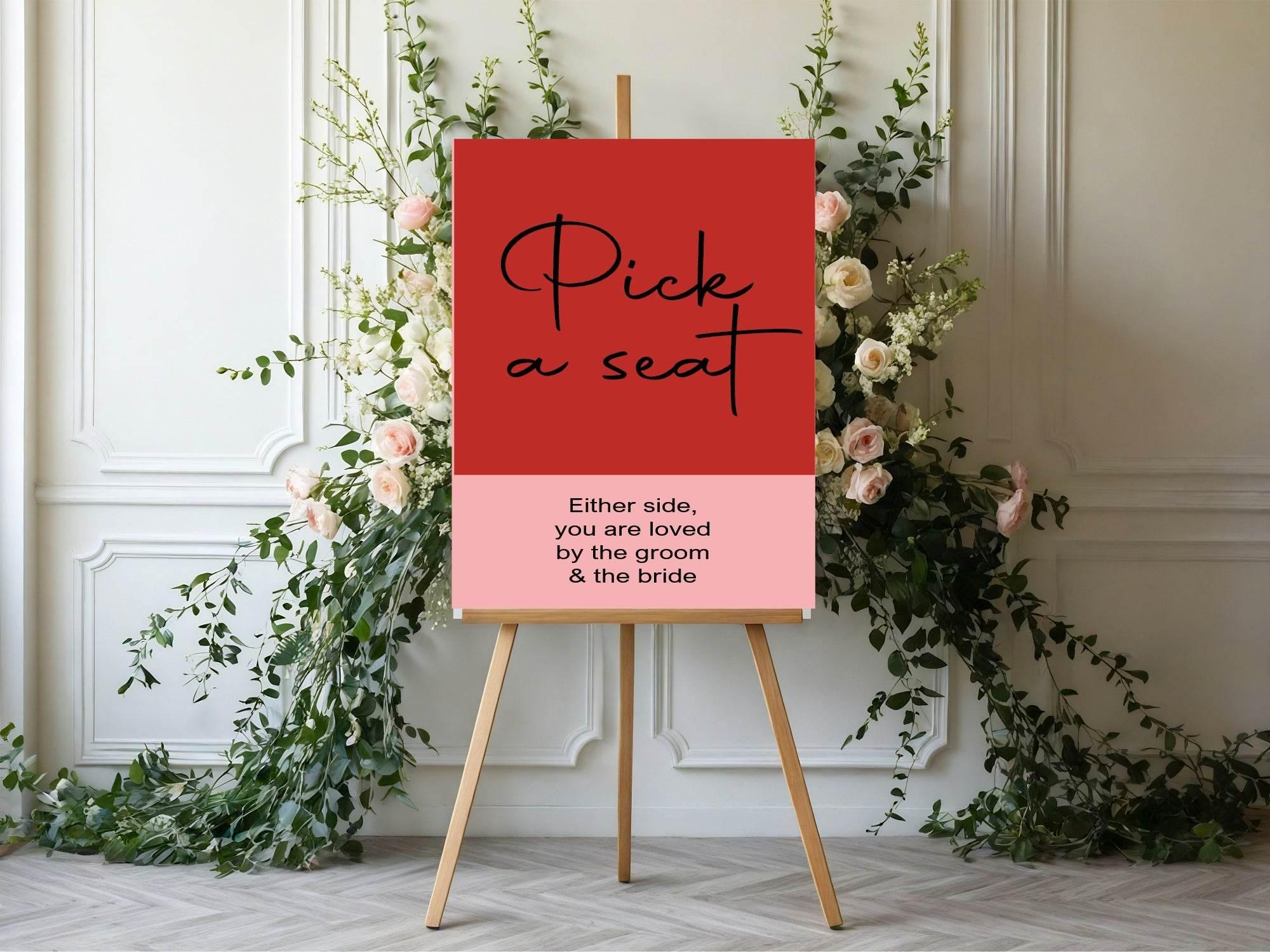 Red & Pink Pick A Seat Wedding Party Sign - Larosier Prints