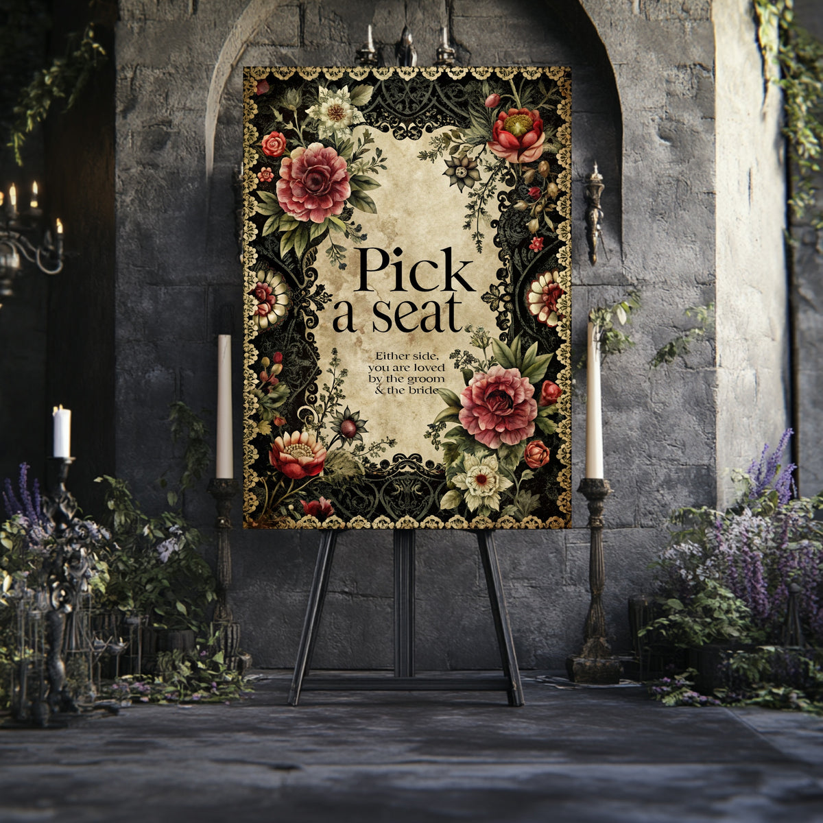 Personalised Gothic Floral Wedding Sign | Custom Wording