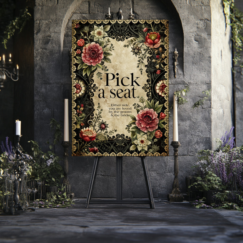 Gothic Floral Romantic Literature Wedding Pick A Seat Sign