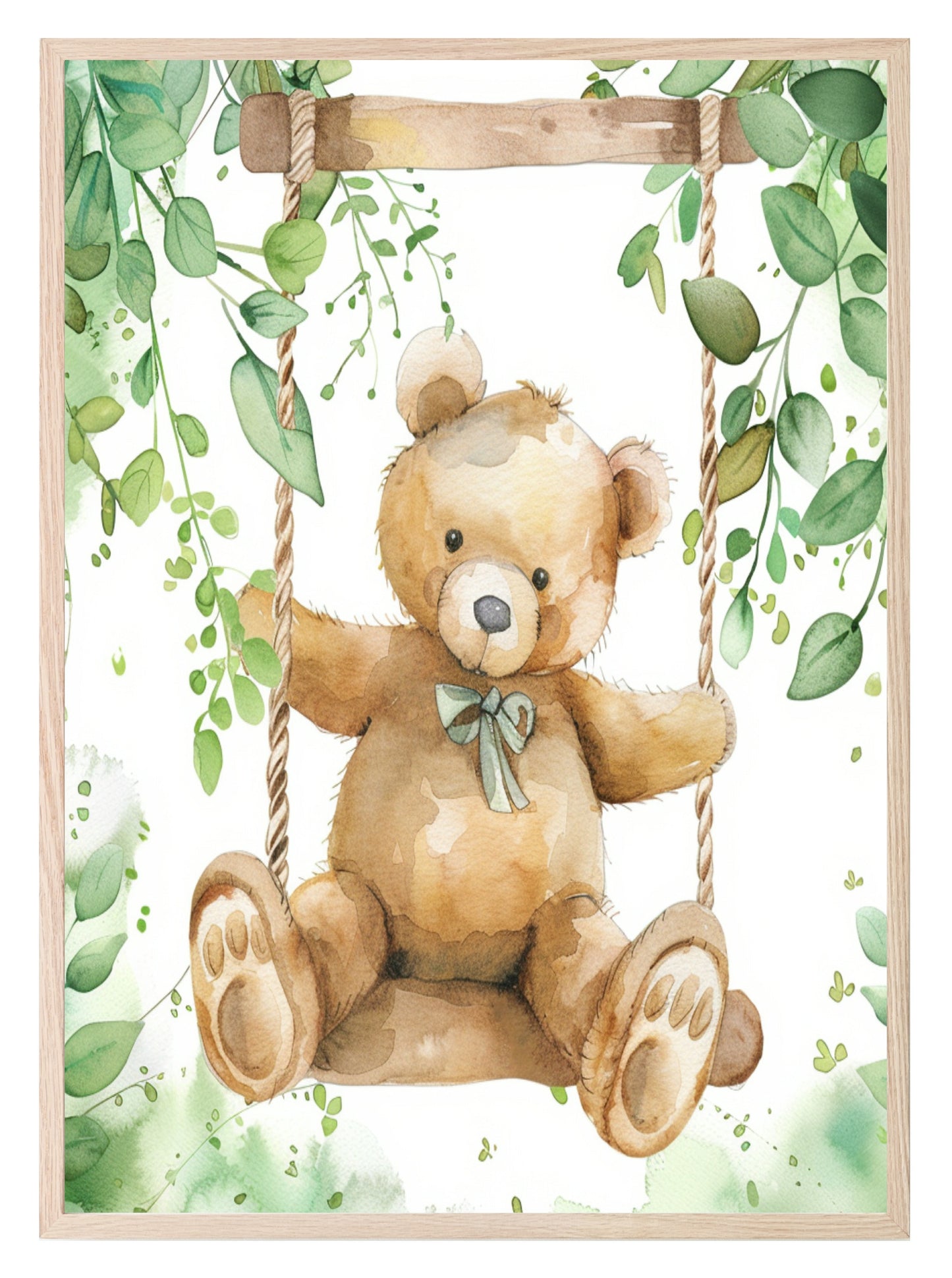 Watercolour Teddy Bear Print Collection | Green Nursery Wall Art Teddy On A Swing