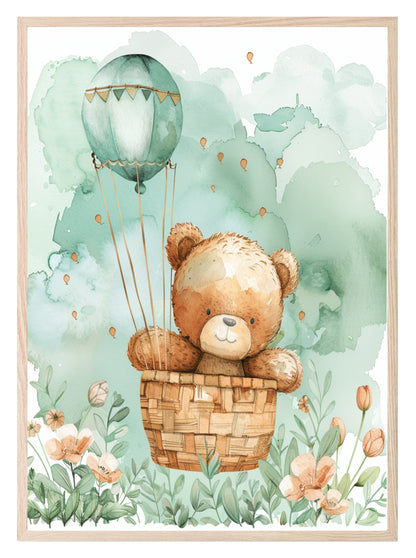 Watercolour Teddy Bear Print Collection | Green Nursery Wall Art Teddy In A Hot Air Balloon