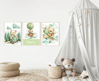Personalised Teddy Bear Hot Air Balloon Print | Green Nursery Wall Art - Larosier Prints