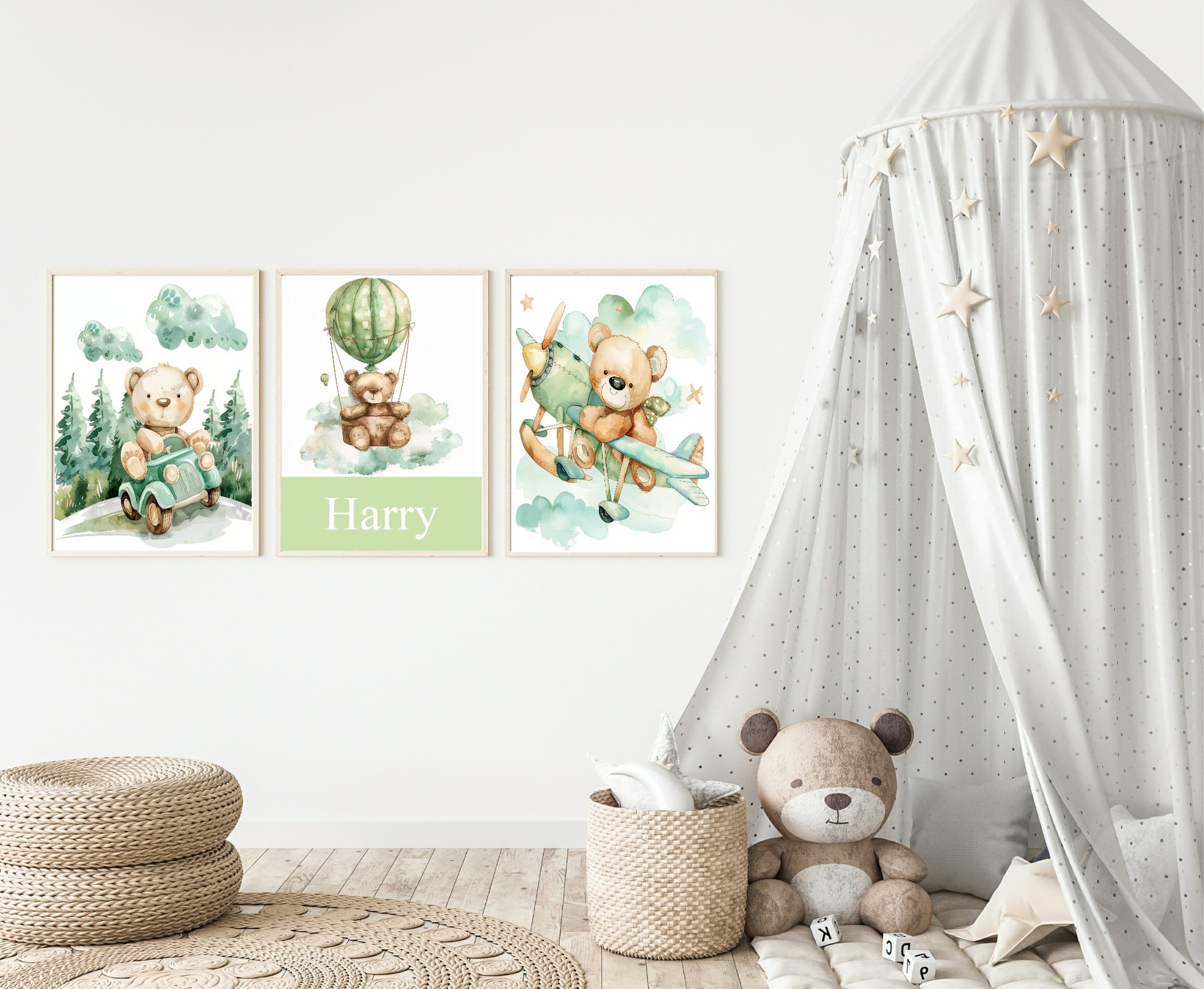 Personalised Teddy Bear Hot Air Balloon Print | Green Nursery Wall Art