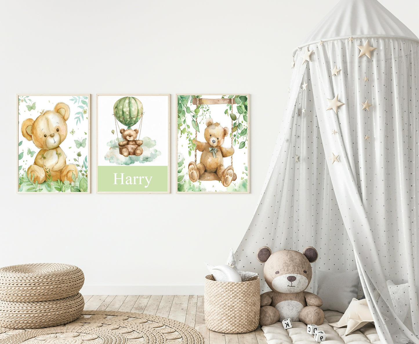 Watercolour Teddy Bear Print Collection | Green Nursery Wall Art