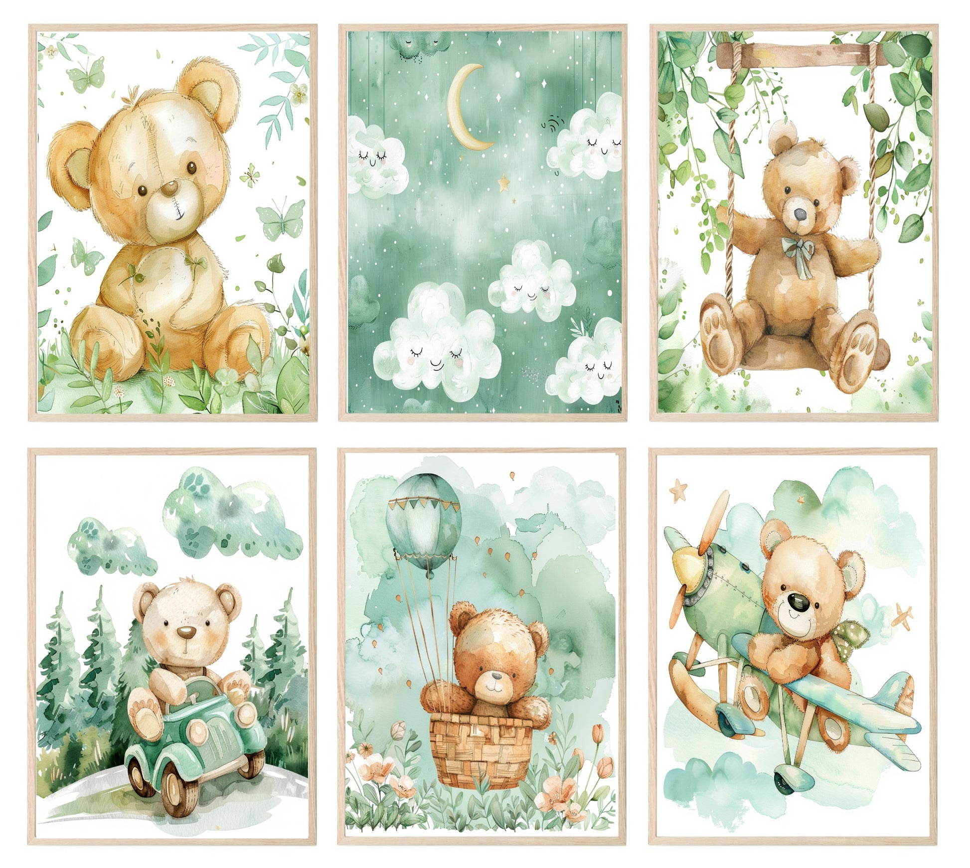 Watercolour Teddy Bear Print Collection | Green Nursery Wall Art