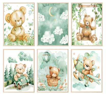 Watercolour Teddy Bear Print Collection | Green Nursery Wall Art