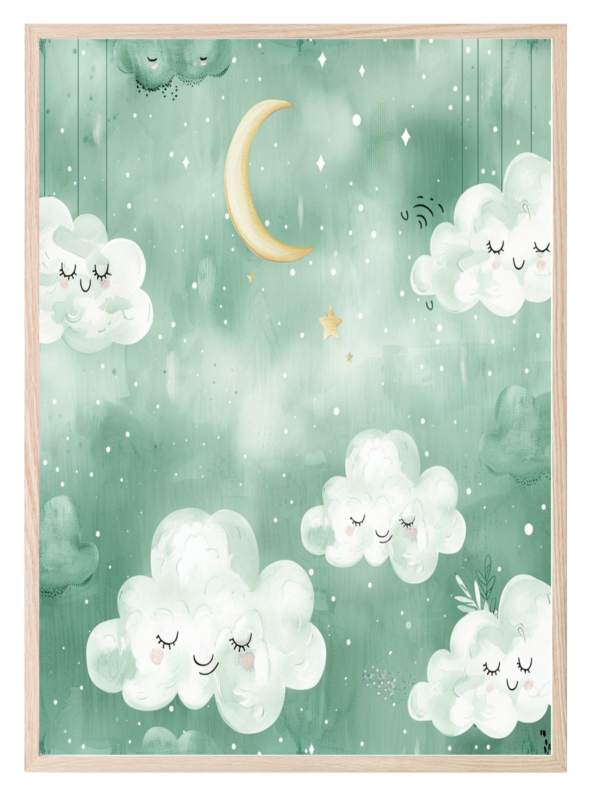 Watercolour Teddy Bear Print Collection | Green Nursery Wall Art Moon & Clouds