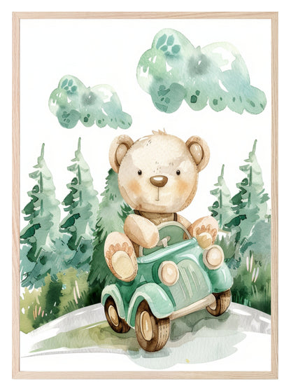 Watercolour Teddy Bear Print Collection | Green Nursery Wall Art Teddy In A Car