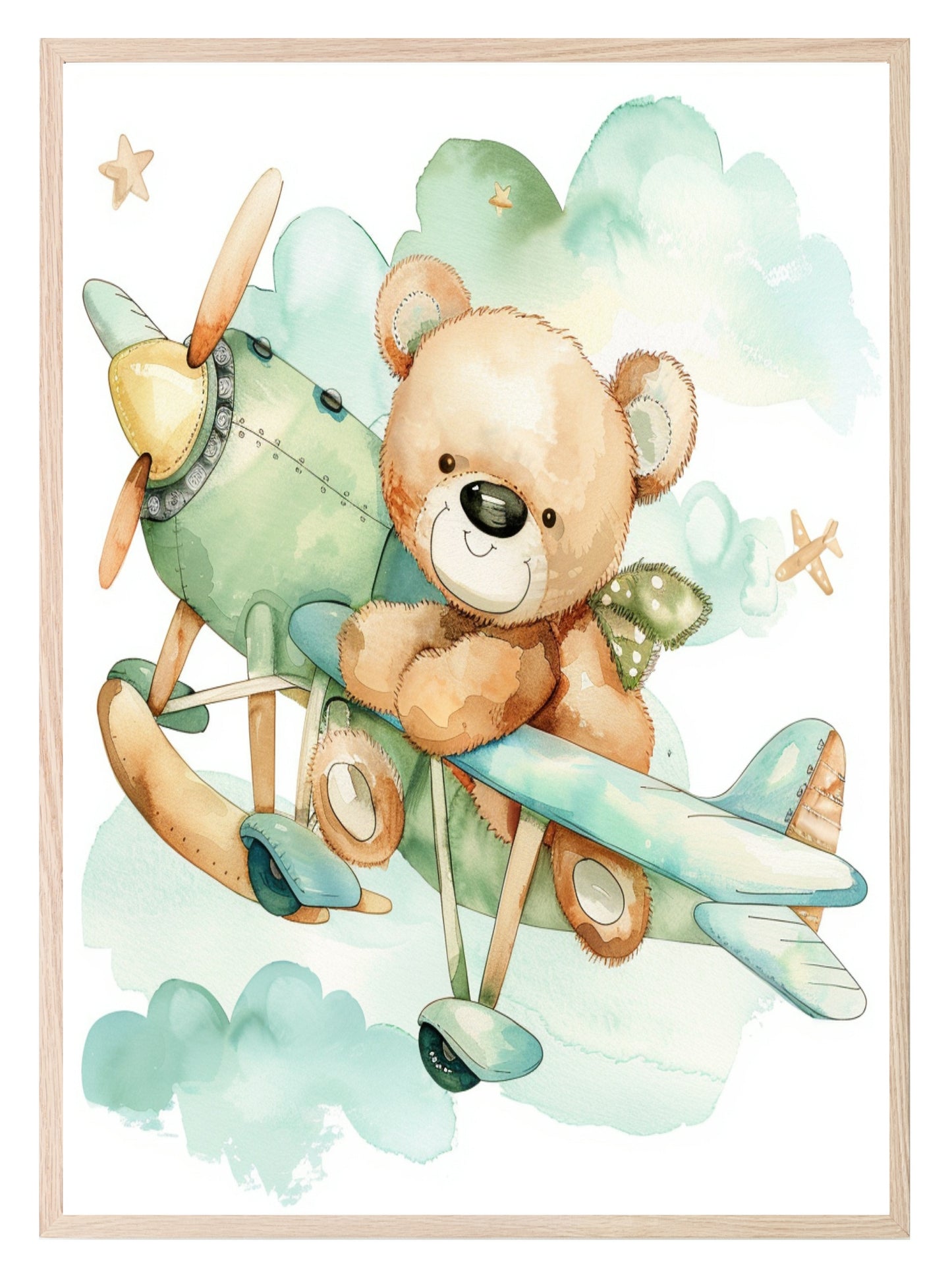 Watercolour Teddy Bear Print Collection | Green Nursery Wall Art Teddy In An Aeroplane