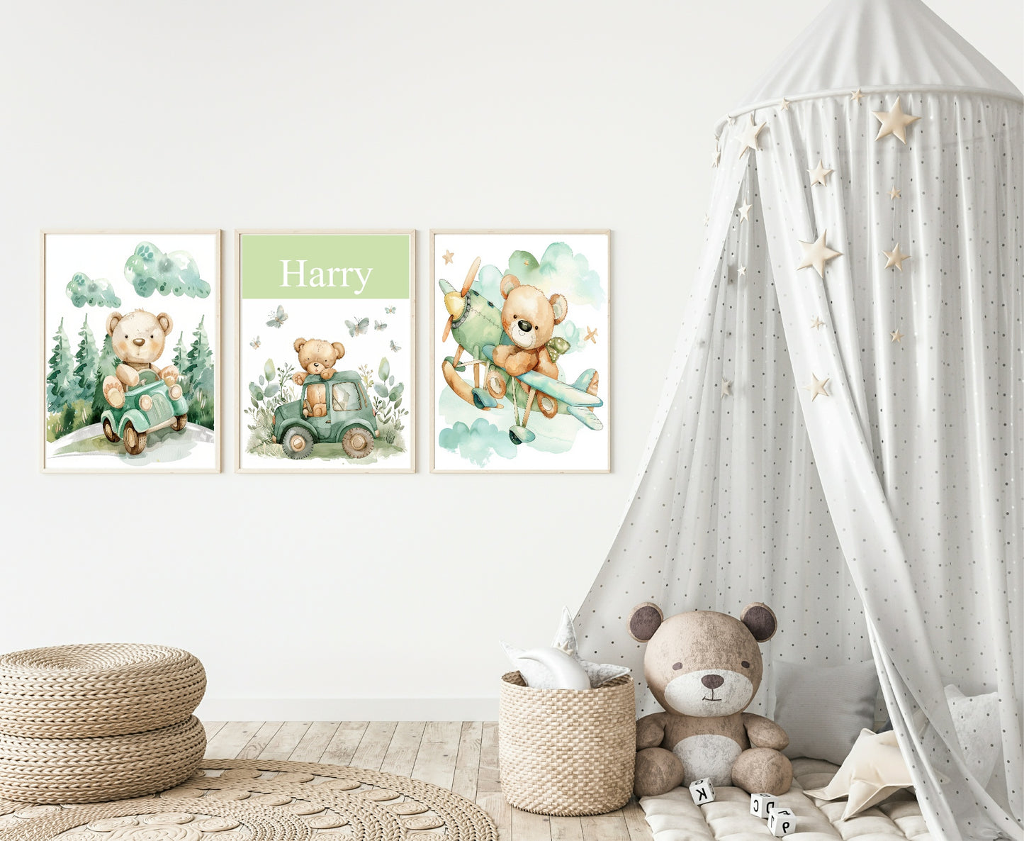 Watercolour Teddy Bear Print Collection | Green Nursery Wall Art