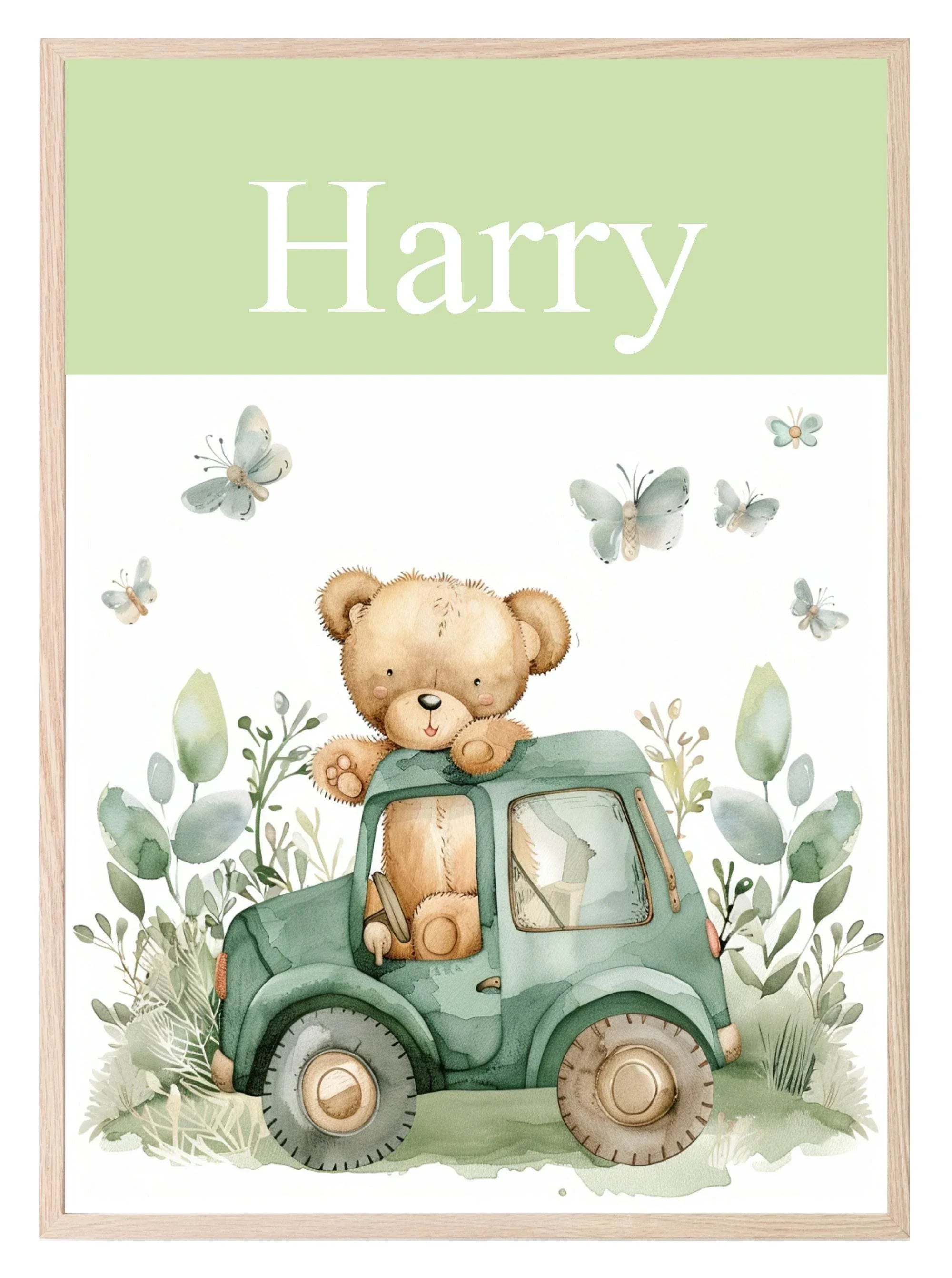 Personalised Teddy Bear Print | Green Nursery Wall Art - Larosier Prints