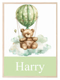 Personalised Teddy Bear Hot Air Balloon Print | Green Nursery Wall Art - Larosier Prints