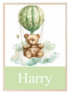 Personalised Teddy Bear Hot Air Balloon Print | Green Nursery Wall Art - Larosier Prints