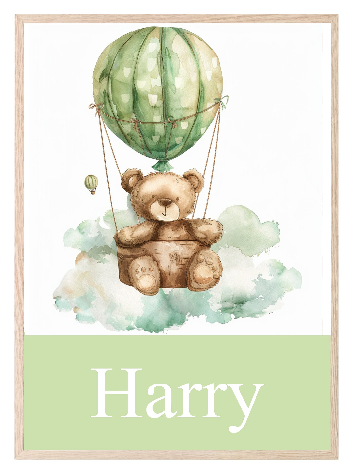 Personalised Teddy Bear Hot Air Balloon Print | Green Nursery Wall Art