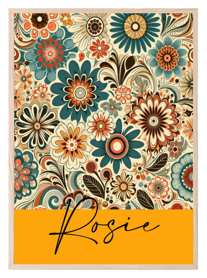 Personalised Floral Name Print | Retro Wall Art Mustard