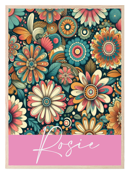 Personalised Floral Name Print | Retro Wall Art Pink